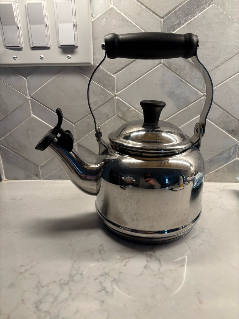 Le Creuset Stainless Steel Whistling Tea Kettle with Black Handle 1.2 QT